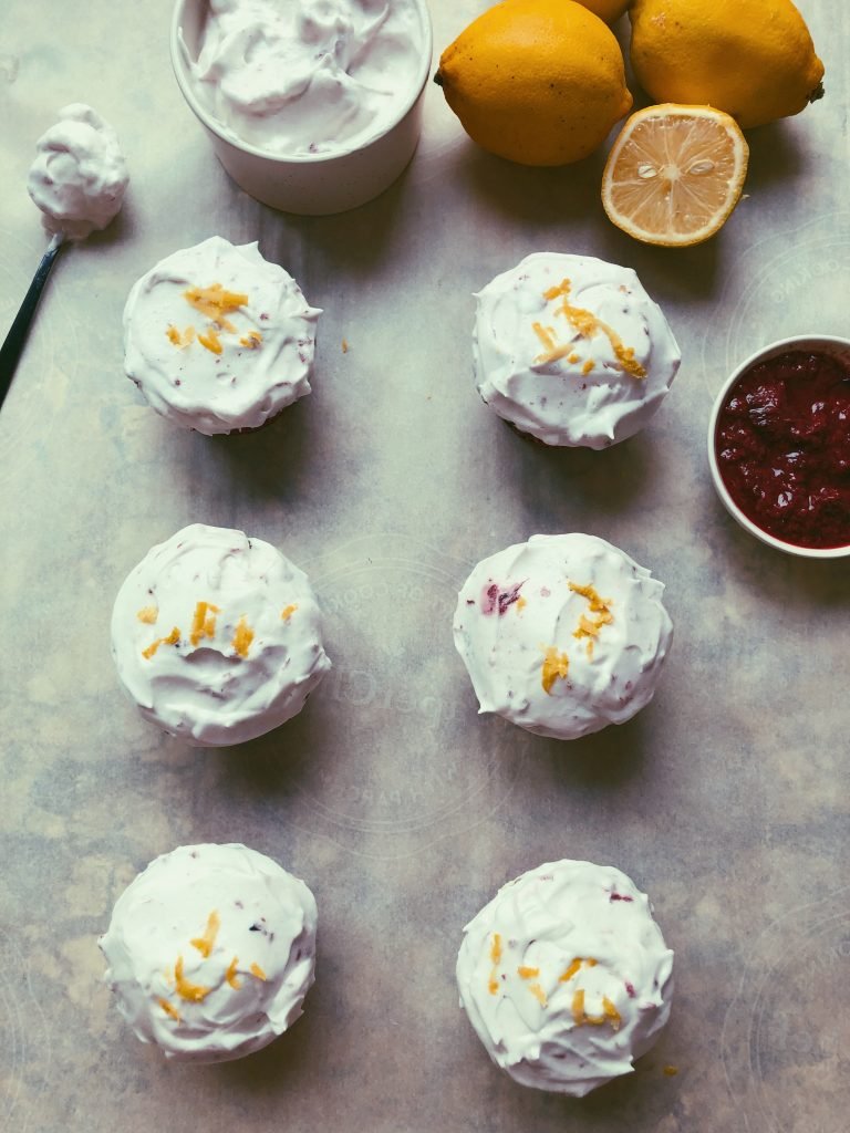 lemon cupcakes with raspberry meringue frosting (grain free/scd diet)