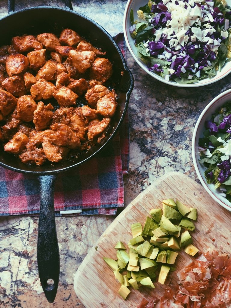 figgy pan-fried chicken and prosciutto with avocado salad