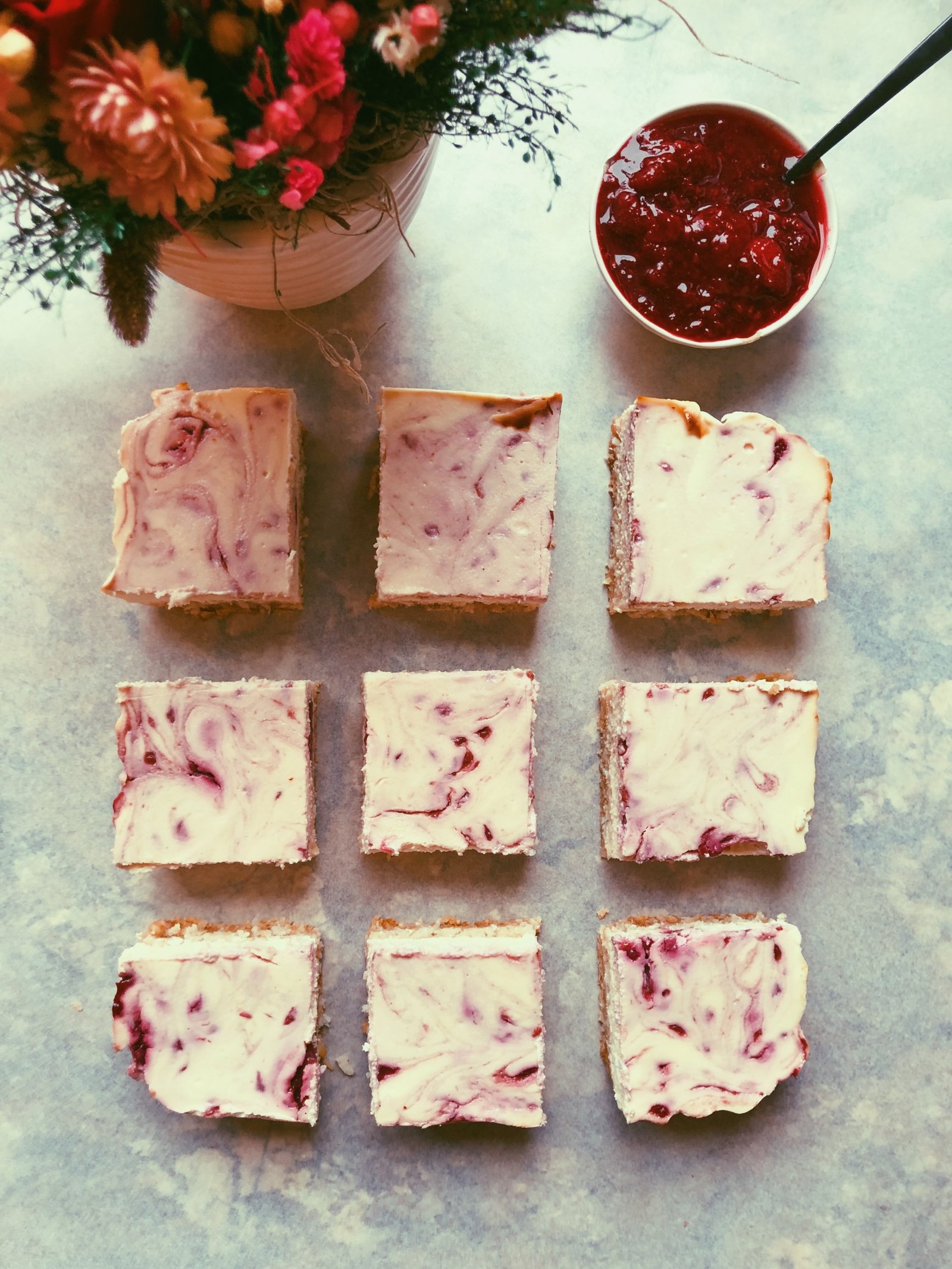 cheesecake raspberry jam swirl bars grain free (scd diet)