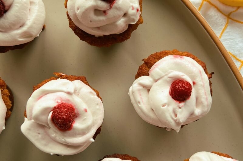 lemon cupcakes with raspberry meringue topping (grain free & refined sugar free)