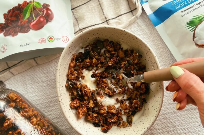 grain free vanilla-scented toasted coconut & cherry granola