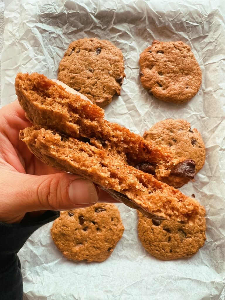 banana almond butter chocolate chip cookies (grain free & refined sugar free)