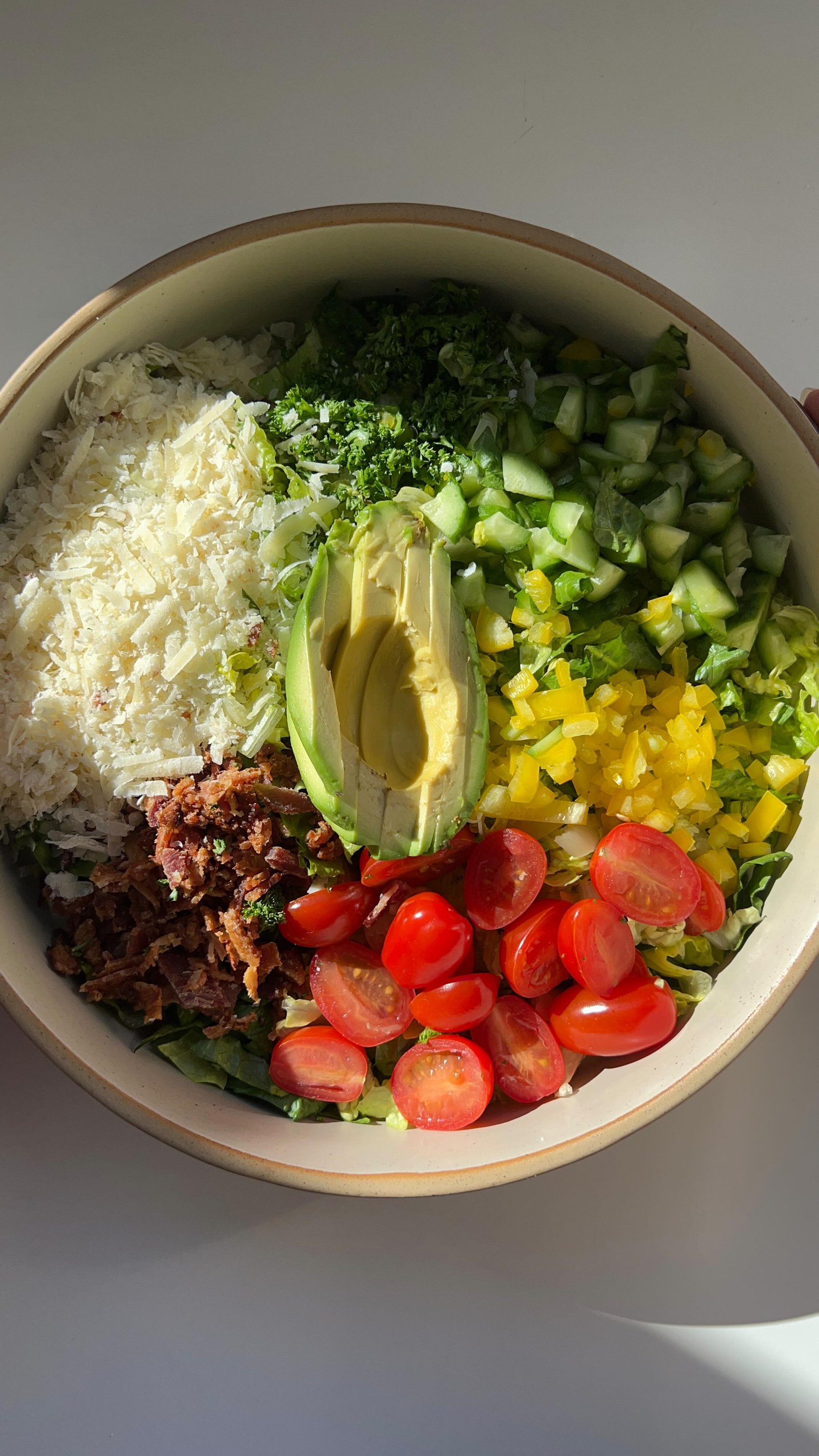 since i make the dinner i also get decide when the whole family is eating salad 🥲🥗surprisingly enough my toddler loves salad and i think that’s just cuz i actually know how to make it so it tastes delicious 💃 adding some sort of cheese is a must as well as a homemade salad dressing, this one was filled with dried basil and dried oregano for a bit of a herby lemon flavour. i’ve included the recipe in the caption below so you can save it next time you want to try to force your children to eat salad 😜jk they might actually enjoy it you never know!! 

salad 
1 head of romaine lettuce, shredded or finely chopped
1 mini cucumber, finely chopped
1 mini sweet pepper, finely chopped 
handful cherry tomatoes, halved 
2-3 pieces of bacon, chopped into small pieces 
1/2 - 1 cup grated parmesan 
small bunch of fresh parsley, finely chopped (approx 1-2 tbsp chopped)
half an avocado 

simple herby lemon salad dressing 
1/4 cup evoo
1 + 1/2 lemons, juiced 
1 tbsp honey
1/2 tsp salt
1/2 tsp dried oregano
1/2 tsp dried basil
pinch of black pepper 

#saladideas