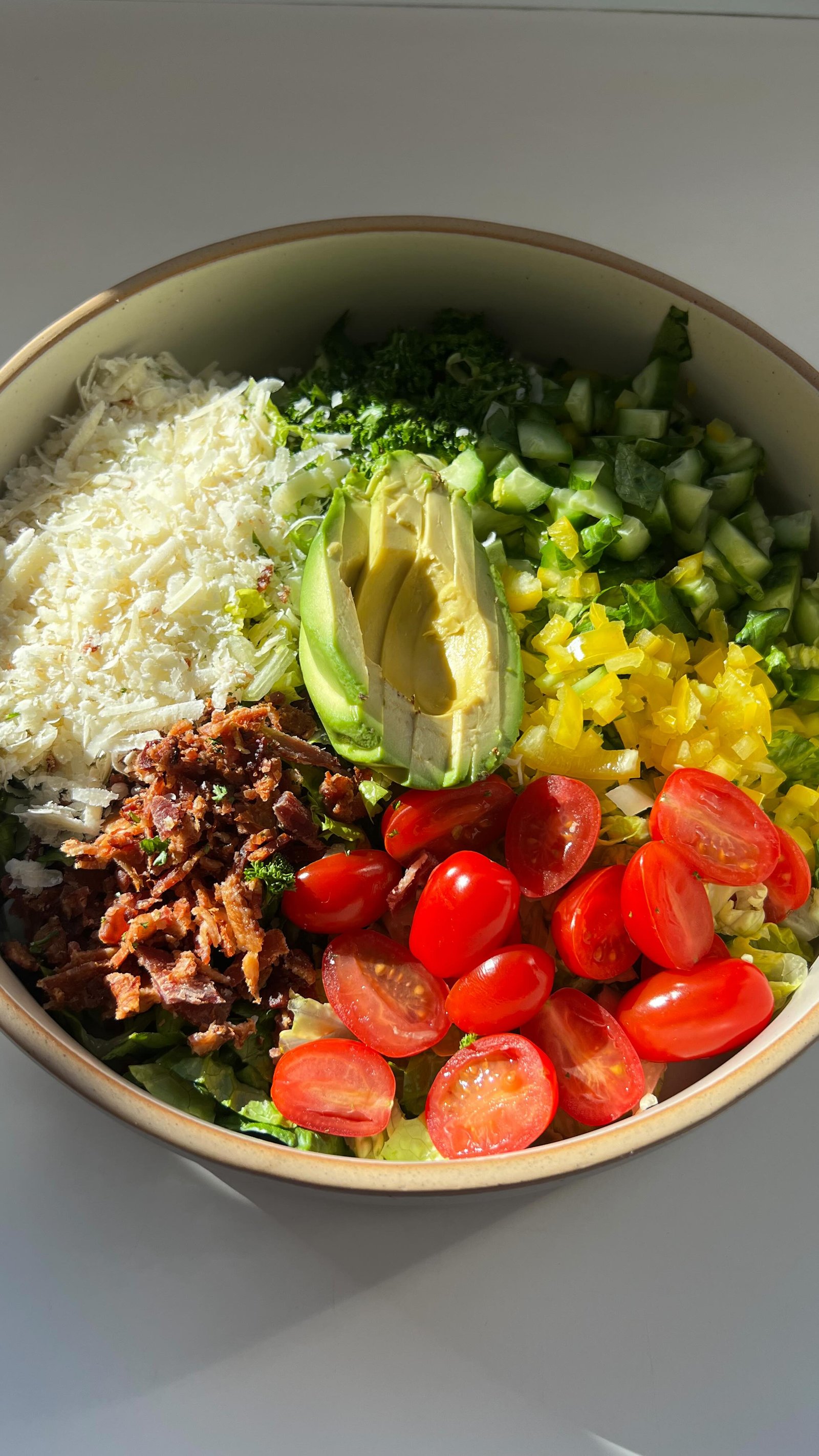 since i make the dinner i also get decide when the whole family is eating salad 🥲🥗surprisingly enough my toddler loves salad and i think that’s just cuz i actually know how to make it so it tastes delicious 💃 adding some sort of cheese is a must as well as a homemade salad dressing, this one was filled with dried basil and dried oregano for a bit of a herby lemon flavour. i’ve included the recipe in the caption below so you can save it next time you want to try to force your children to eat salad 😜jk they might actually enjoy it you never know!! 

salad 
1 head of romaine lettuce, shredded or finely chopped
1 mini cucumber, finely chopped
1 mini sweet pepper, finely chopped 
handful cherry tomatoes, halved 
2-3 pieces of bacon, chopped into small pieces 
1/2 - 1 cup grated parmesan 
small bunch of fresh parsley, finely chopped (approx 1-2 tbsp chopped)
half an avocado 

simple herby lemon salad dressing 
1/4 cup evoo
1 + 1/2 lemons, juiced 
1 tbsp honey
1/2 tsp salt
1/2 tsp dried oregano
1/2 tsp dried basil
pinch of black pepper 

#saladrecipe