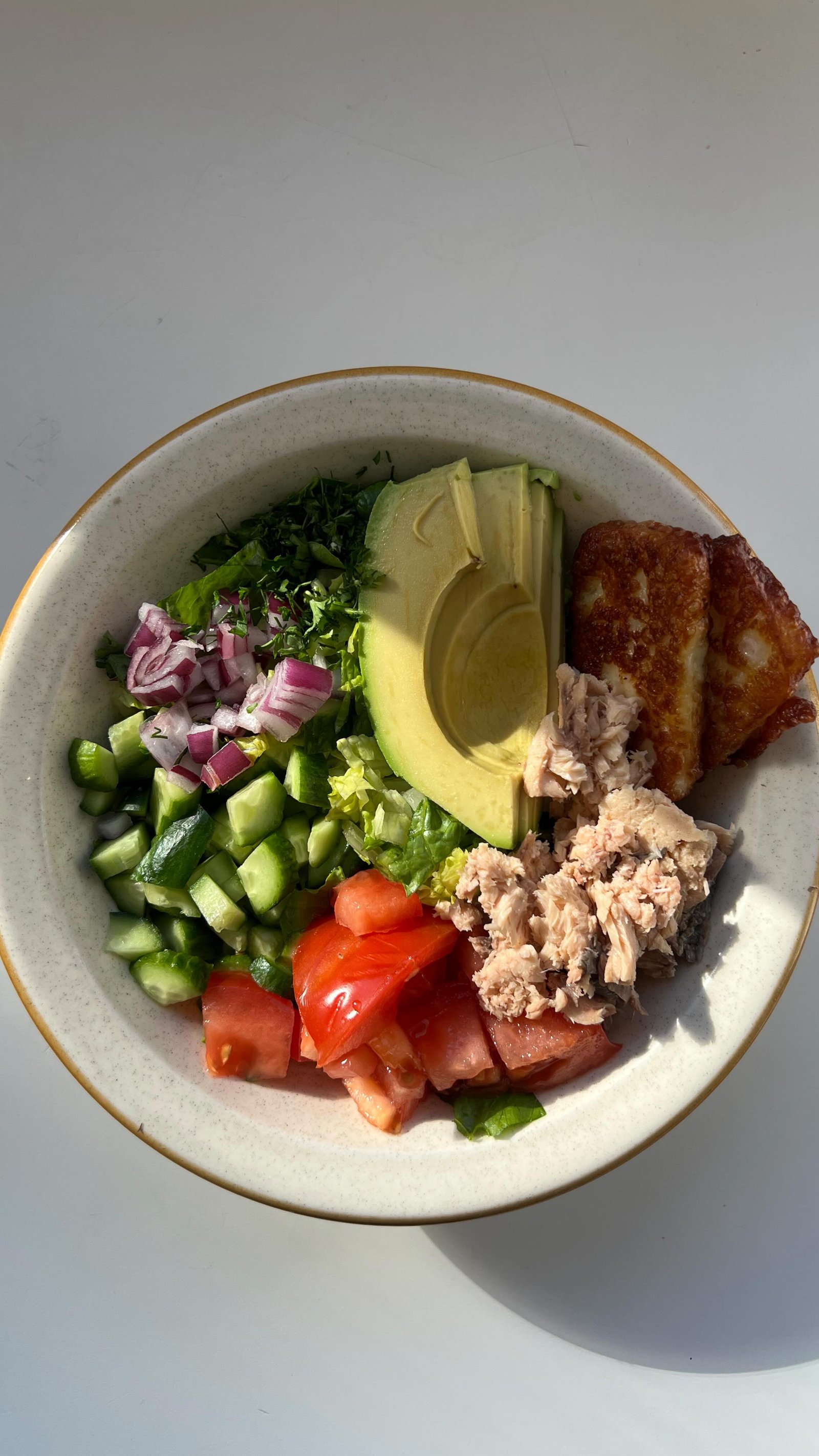 🥗my daily salad 🥗 is back and smaller than ever lol jk but actually this salad was just a bit too small?? all the ingredients were good, and i would make it again but i would double it in size. when you’re just eating a salad for lunch (or dinner) it needs to be BIG, or at least, very filling, cuz i ate this salad and was still hungry after 🥲 here’s what i put in it for reference:

romaine lettuce
cucumber
tomato
red onion
avocado
wild salmon
fried halloumi
fresh parsley 

i don’t have precise measurements but do what feels right!!! and clearly you don’t want my measurements anyways because it was a salad for a literal baby!!!

i am working on an ingredient list for my salad dressing as well which i will share in tomorrow’s daily salad post🤞 so be sure to follow along @earth.to.rose !!